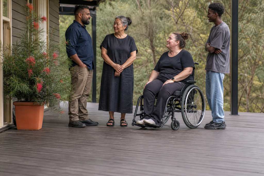 Illustration of four adults talking on a suburban veranda, one using a wheelchair. Not a Villa participant, employee, or named person.