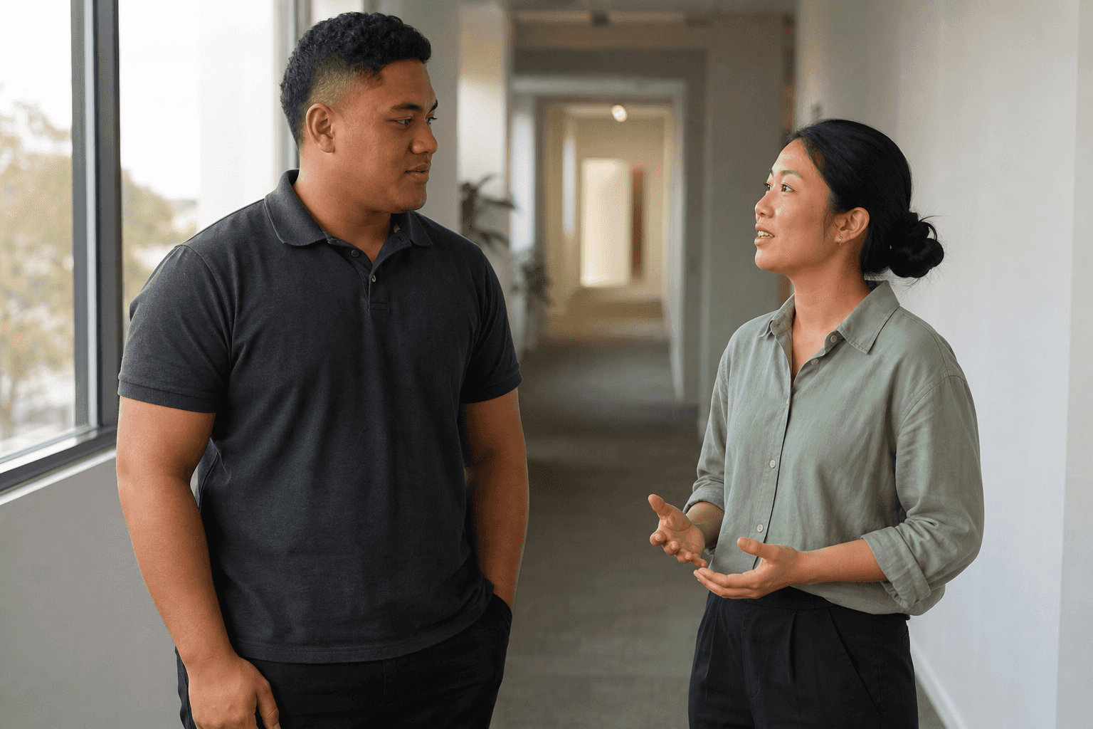 Illustration of two colleagues talking in a quiet workplace corridor. Not a Villa participant, employee, or named person.