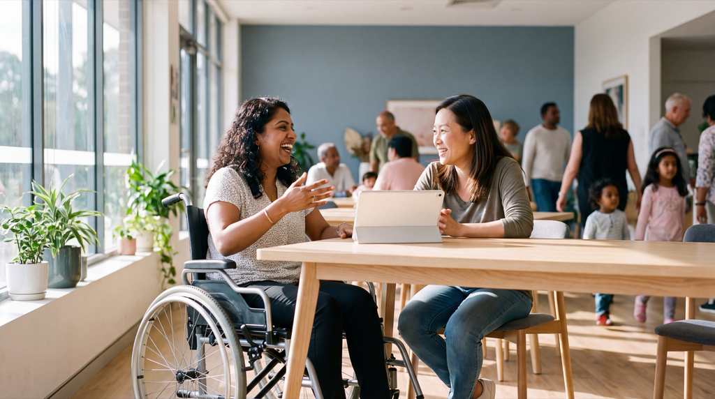 Illustration of two people together, one using a wheelchair. Not a Villa participant or employee.