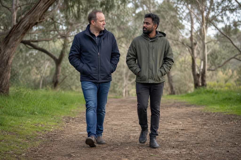 Illustration of two people walking under eucalyptus trees in a park. Not a Villa participant or employee.