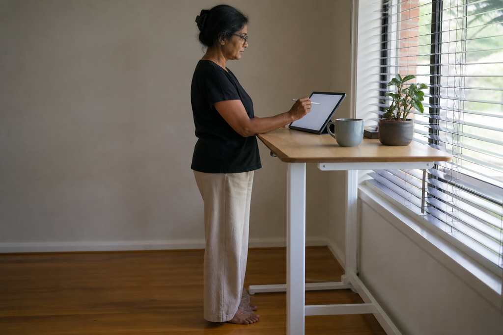 Illustration of a person at a home standing desk with a tablet. Not a Villa participant or employee.