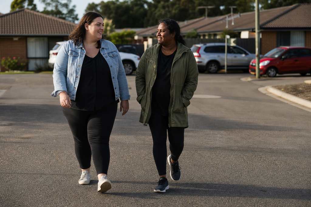 Illustration of two people walking together on a suburban street. Not a Villa participant or employee.